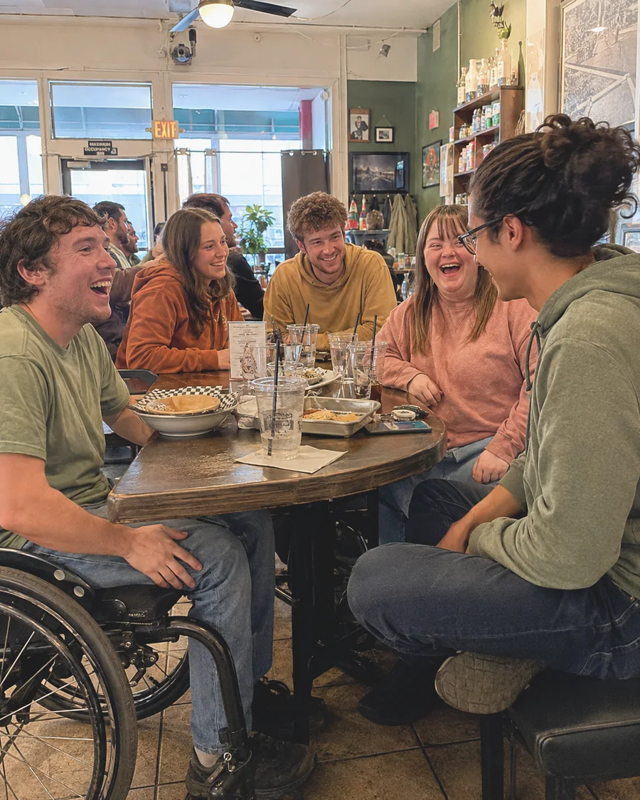A group of young friends laughing together around a table at a casual cafe.